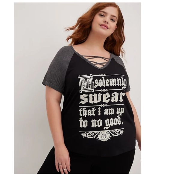 NWT TORRID HARRY POTTER I SOLEMNLY SWEAR BLACK STRAPPY RAGLAN TOP - Picture 1 of 7